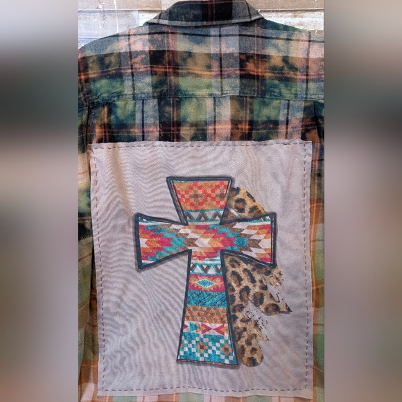 Boho Southwestern Cross Graphic Upcycled Flannel Shirt - Picture 4 of 15